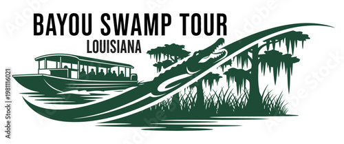 Vintage style vector illustration of a bayou swamp tour in Louisiana boat navigating a lush waterway with palm trees. Ideal for travel promotions, tourism ads, and Southern U.S. cultural content.