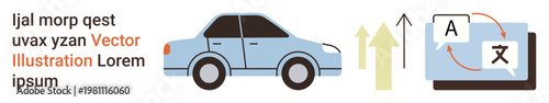 Global business, translation, transportation, growth, international trade, technology. Blue car, language translation icons upward arrows. Transportation and global communication concept