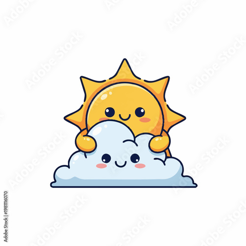 Cute sun hiding behind cloud cartoon