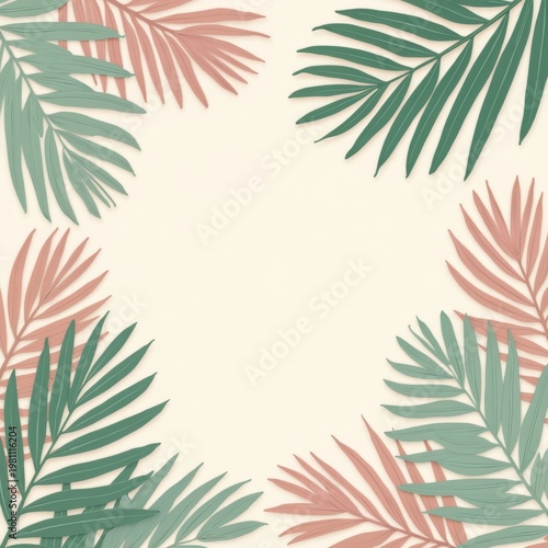 Palm leaves arranged in a corner border with soft pastel colors and gentle light. Simple, clean composition perfect for text or design with copy space.