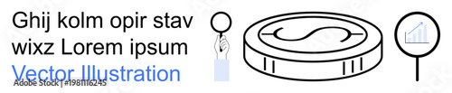 Banking, finance, economy, currency, business, investment. A magnifying glass, coin and financial graph. Banking and finance concept with currency and economic symbolism