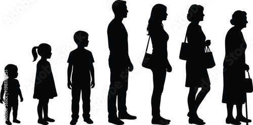 Human aging silhouette showing life stages from toddler to elderly woman, black vector illustration of growth, development, and generational progression concept