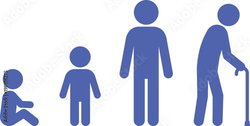 Human life stages silhouette showing baby, child, adult, and elderly person with walking cane, black vector illustration for aging, growth, and lifecycle concept design
