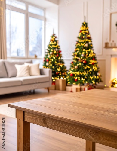 Cozy living room with decorated Christmas trees, presents, and a wooden table
