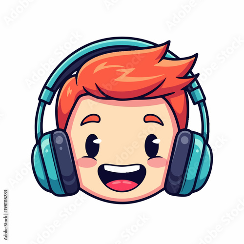 Smiling cartoon boy wearing vibrant headphones