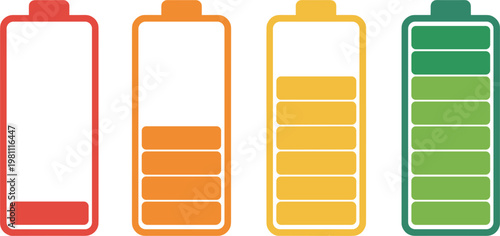 Battery charge progression illustration, colorful energy level icons set for mobile technology and app
