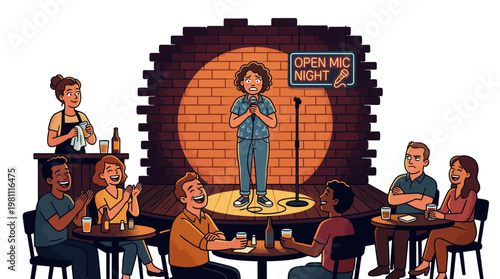 Nervous Stand-up Comedian with Stage Fright Performing at Open Mic Night Comedy Club