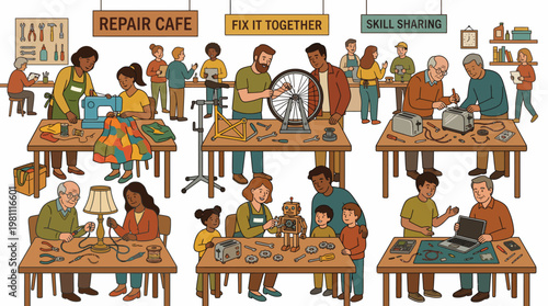 Community Repair Cafe workshop with diverse people fixing household items and sharing skills together