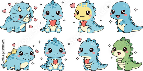Cute baby dinosaur vector set with kawaii cartoon characters holding hearts colorful dino illustrations for kids design