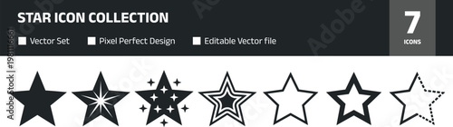 Star icon collection featuring solid, outline, decorative, and sparkle styles, black vector set of star shapes isolated on white background for design projects