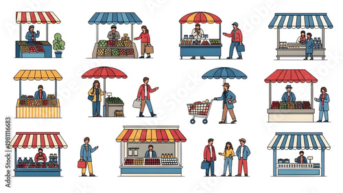 Top View Outdoor Market Sellers and Shoppers Vibrant Flat Vector Set Human Activity Scene Architectural Layout Isolated on Clean White Background