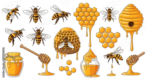 Honeybees With Honeycomb And Beehive Collection.