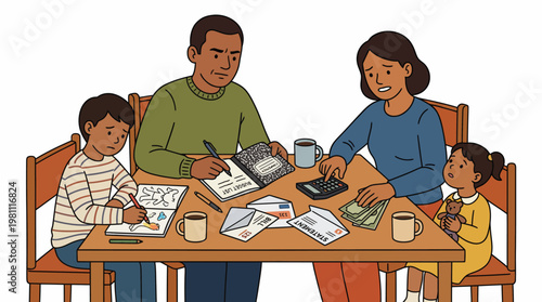 Illustration of stressed parents counting money and managing household bills with sad children