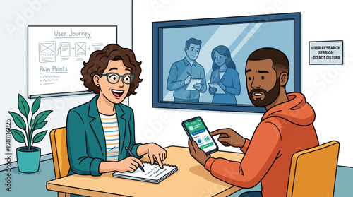UX researcher conducting usability testing session with participant for mobile application development