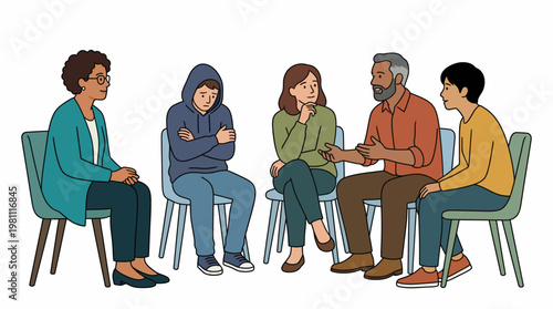 Diverse people in support group therapy session for mental health and community counseling illustration