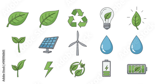 Eco Sustainability Icon Set Focused on Leaves and Renewable Energy.