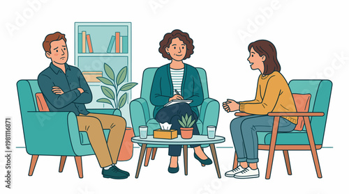Couple in therapy session for relationship counseling and mental health vector illustration