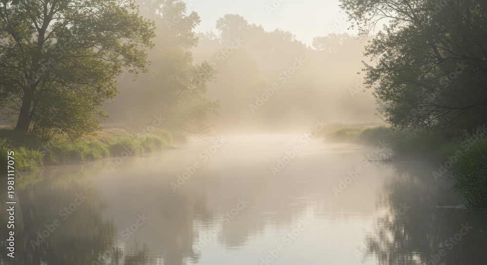 Fototapeta premium Serene river flows gently through morning mist with sunlight filtering through trees