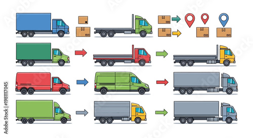 Fleet of colorful delivery trucks in motion.