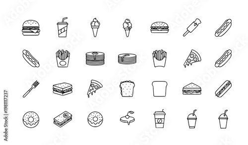 Fast food line icons set burger soda ice cream hotdog outline vector eps10