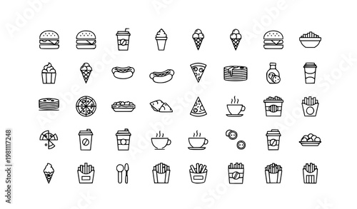 Minimal fast food icons set burger drink ice cream hotdog outline vector eps10
