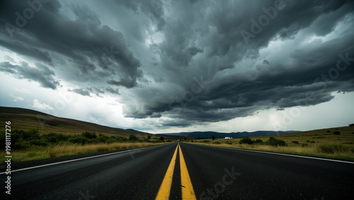 Empty road leading into storm, dramatic sky and uncertainty concept