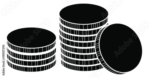 Black film reels stacked creatively, vector illustration of overlapping movie reels in a dynamic arrangement, perfect for cinema, filmmaking, and media design projects.