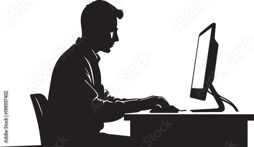  Man Working on Computer Silhouette Illustration
