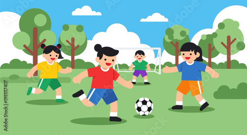Children playing soccer in a park.