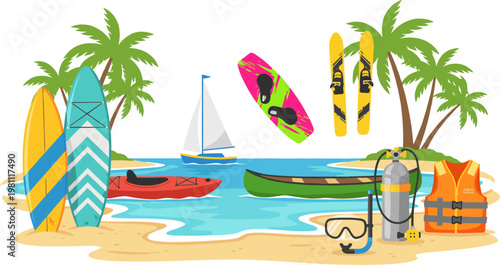 Set of 7 Beach and Water Sports Equipment Illustrations Including Surfboards, Kayaks, Scuba Gear, and Sailboat