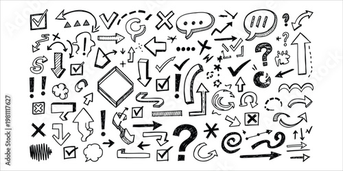 Hand drawn doodle collection arrows symbols and speech bubbles