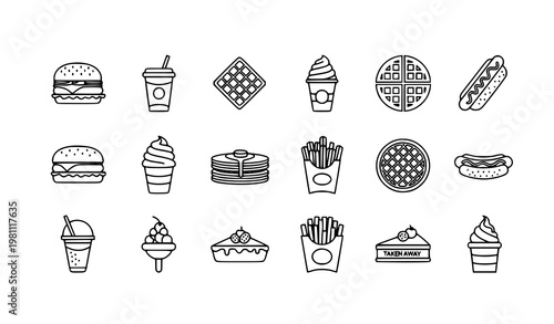 Fast food outline icons set menu snacks burger fries drink vector eps10