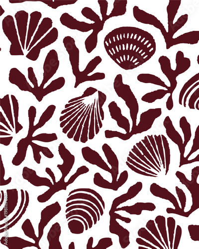 Sea shells, fossils and mollusks seamless pattern. Summer beach hand-drawn seaside vector print. Fashion textile bright multicolored illustration. Seashore elements design for fabrics, wallpaper
