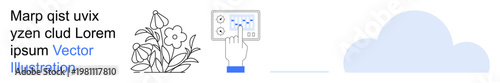 Technology innovation, cloud services, nature preservation, digital transformation, IoT, renewable energy. Hand interacting with interface, plant cloud. Cloud services and technology innovation