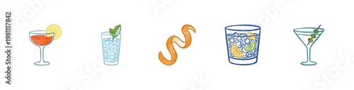 Classic Cocktail Bar Ingredients and Drinks with Inky Pencil Texture and Crayon Colorful Aesthetic