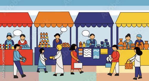 Vibrant outdoor marketplace scene featuring diverse vendors selling fresh produce and handcrafted pottery, with shoppers interacting and carrying bags, rendered in a clean, modern