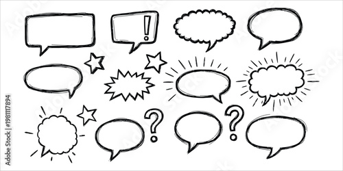 Collection of hand drawn comic speech bubbles and graphic elements