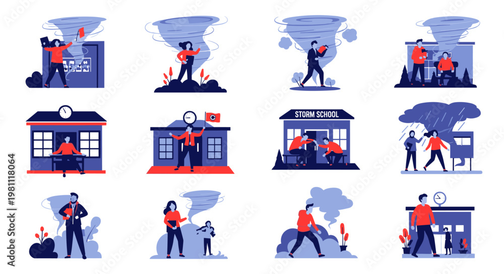 Fototapeta premium Dynamic collection of diverse flat vector scenes depicting people navigating severe weather events, including tornadoes, heavy rain, and storms impacting educational buildings and