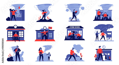Dynamic collection of diverse flat vector scenes depicting people navigating severe weather events, including tornadoes, heavy rain, and storms impacting educational buildings and