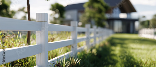 Wooden pristine white fence spanning lush green farm landscape for Kentucky Derby horse racing and spring equestrian events