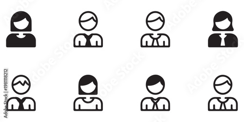 Set of diverse user avatars and profile icons in solid black glyph style