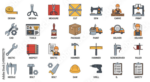 Collection of flat design icons representing various construction, manufacturing, and crafting processes, featuring tools like tape measures, scissors, sewing machines, hammers,