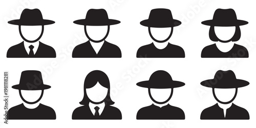 Anonymous User Profile Icons with Hats, Black Silhouettes of Men and Women