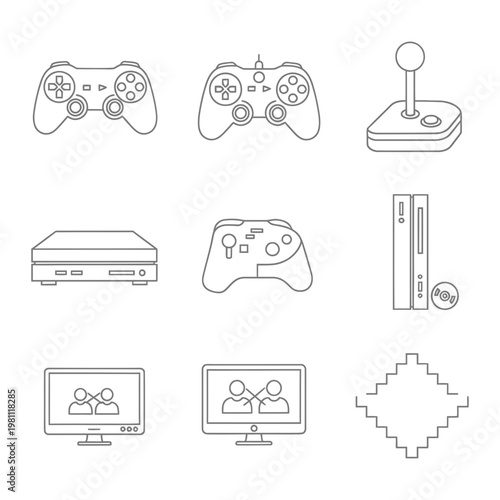 Game controller and console icons with pixel art