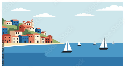 Coastal town with colorful houses and sailboats on the sea.