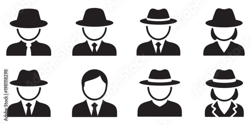 Collection of Silhouette Icons Featuring People in Fedora Hats, Anonymous Avatars
