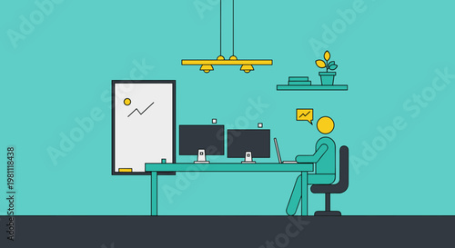 Modern minimalist office scene featuring a person working on a laptop at a desk with dual monitors, whiteboard displaying a simple graph, and a potted plant on a shelf, rendered