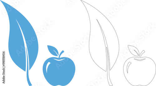 Blue leaf and apple silhouette with outline versions
