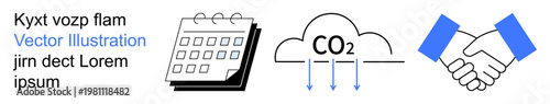 Time management, carbon emissions, environmental impact, agreements, sustainability, partnerships. A calendar, CO2 cloud and handshake symbols. Time management and carbon emissions concepts