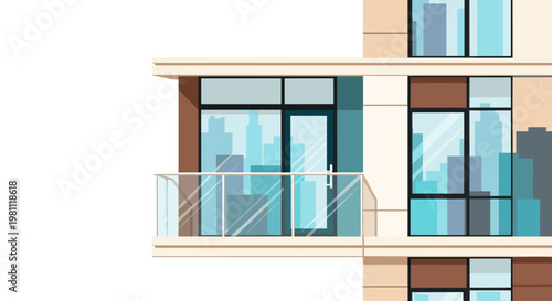 Modern apartment building facade featuring multiple levels with expansive glass windows and balconies reflecting a stylized cityscape, showcasing clean architectural lines and a